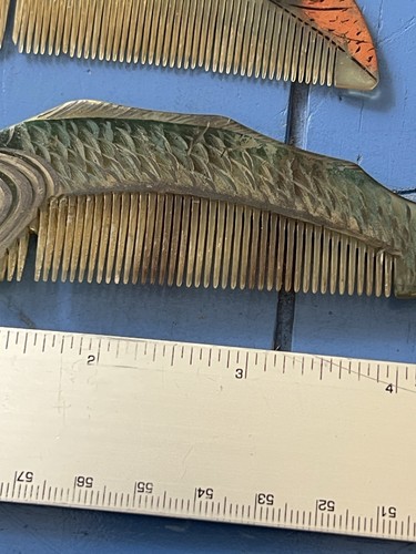 Vintage Chinese Buffalo Horn Comb, Fish & Peacock, Lot of 2 - Picture 3 of 16