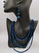 Vintage Faceted Blue Glass Beads Necklace And Dangle Earrings Set