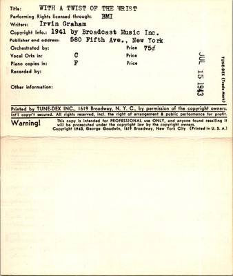 Tune-Dex 1943 Lead Sheet Card ''With a Twist of the Wrist'' BMI New York Vintage