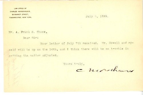 1899 Poughkeepsie NY Lawyer Charles Morschauser Typed Letter Signed New York - Picture 1 of 2