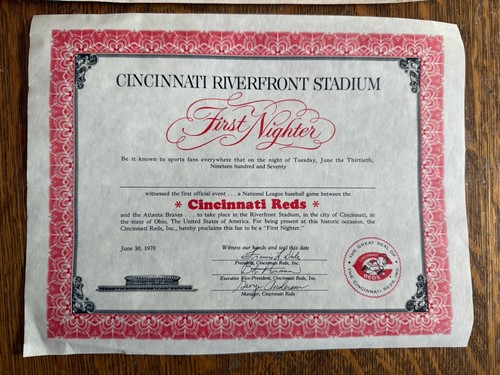 Vintage Cincinnati Reds Riverfront First Day Certificate June 13, 1970 original - Bild 1 von 3