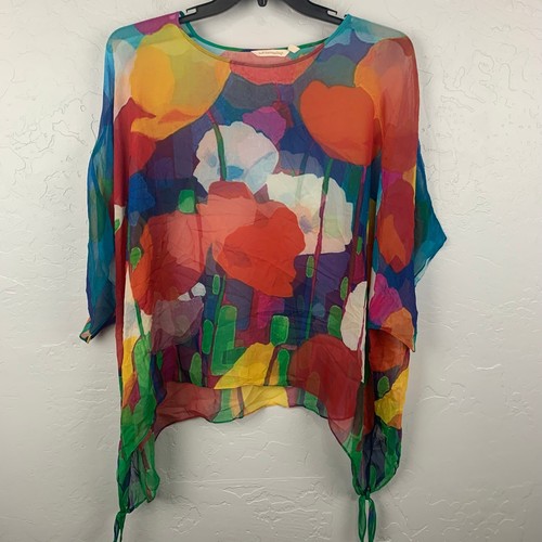 Top donna seta morbidi dintorni L/XL blu rosso acquerello asimmetrico floreale - Foto 2 di 8