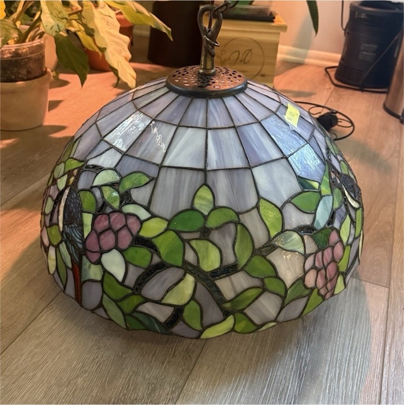 Beautiful 1970s Antique Tiffany Stained Glass Bird and Floral Motif Chandelier