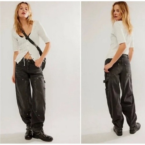 Pantalones de mezclilla We The Free Loren tiro alto barril carpintero negros para mujer - talla 28 - Imagen 2 de 9