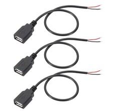 1Ft USB 2.0 Female to 2 Pin Bare Wire Pigtail Cable, 3pcs 22AWG Power Cords