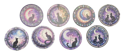 Cat Moon Wood Cork Coasters Set of 8, Celestial, Boho, Gothic, Drinkware, Home