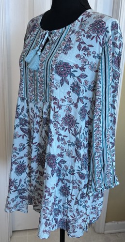 J Jill Ladies Large 12 14 Aqua Pink Floral Coastal Boho 3/4 Sleev Peasant Blouse - Picture 4 of 6