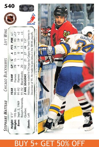 1992-93 Upper Deck #540 Stephane Matteau Chicago Blackhawks Hockey - Picture 2 of 2