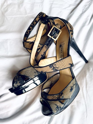 Jimmy Choo London Navy Blue Lace High Heeled Strappy Sandals Size 40 - Picture 7 of 13