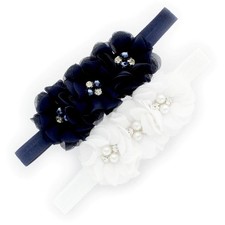 Baby Flower Headbands Fabric Beaded Trio Stretchy Elastic Pair Navy/White