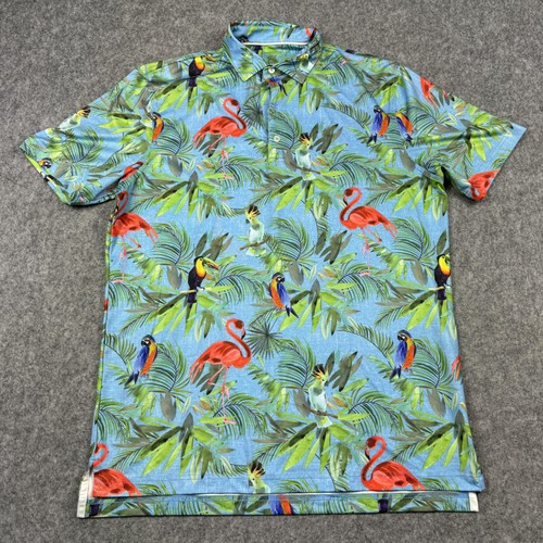 Johnnie-O Shirt Mens Med Tropical Parrot Flamingo Print Stretch Performance FUN - Picture 2 of 9