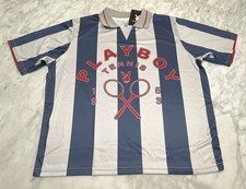 Playboy Tennis Club Polo Shirt Men Medium Stripes Grey Blue Graphics NWT