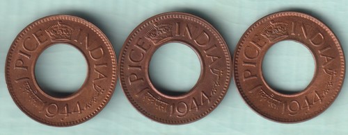 BRITISH INDIA 1944 KING GEORGE VI ONE PICE HOLE 3 COINS SET