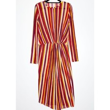 Zara Striped Retro Mesh Cinch Waist Long Sleeve Midi Dress Women's Size Small