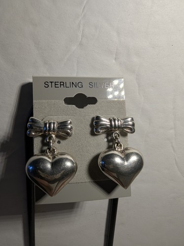 BOW AND DANGLING HEART STERLING SILVER EARRINGS VINTAGE?  - Bild 8 von 18