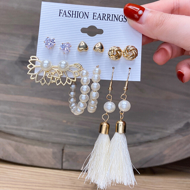 6 Pairs Fashion Earrings for Women Girls Gold Pearl Stud Wedding