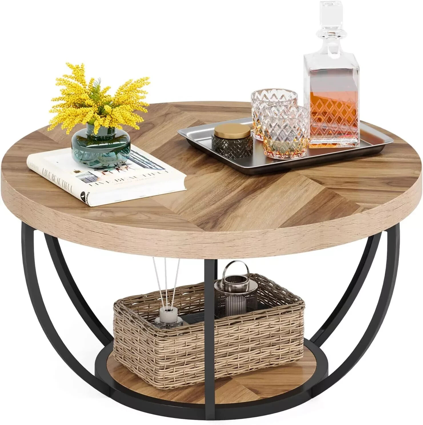 Round Coffee Table, Industrial 2-Tier Circle Coffee Table with Storage Shelves