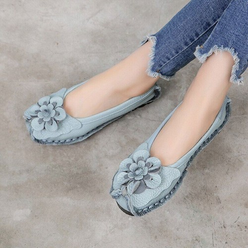 Zapatos mocasines planos de cuero con flores para mujer sin cordones étnicos retro Gommino conducir - Imagen 25 de 29