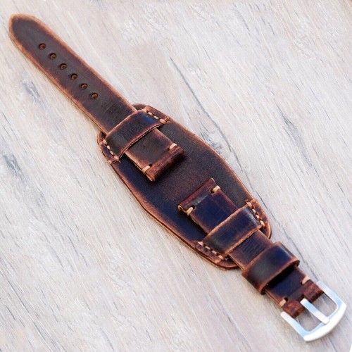 Leather watch strap Vintage distressed Cuff Band Bund Pad 18- 26 mm brown band - Picture 6 of 9