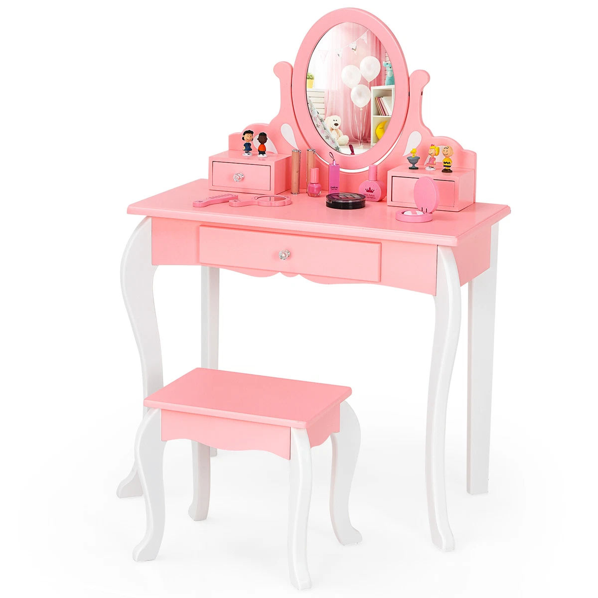 Kids Vanity Princess Makeup Dressing Table Stool Set W Mirror