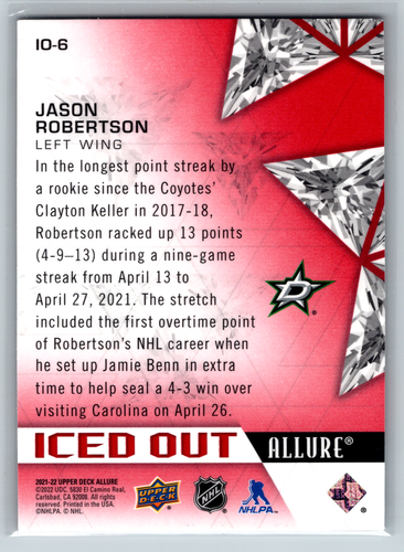 Jason Robertson 2021 Upper Deck Allure Iced Out #IO-6 Dallas Stars - Picture 2 of 2