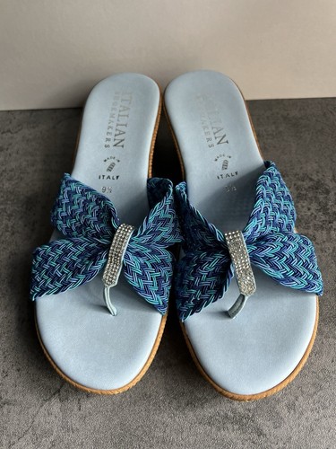Italian Shoemakers Mixed Blue Rhinestone Sparkle Thong Wedge Sandals Size 9.5 M - Picture 2 of 17
