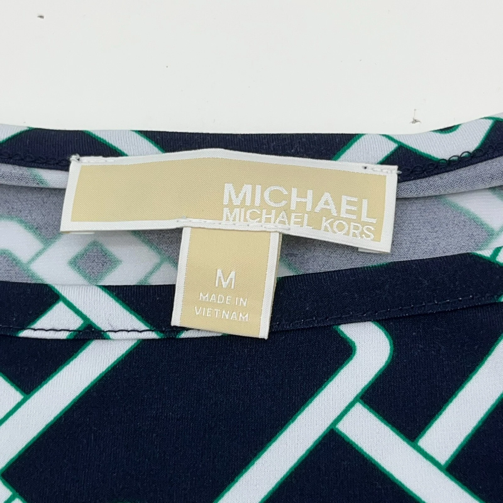 Abito donna Michael Kors nero e verde design geometrico midi shift taglia media