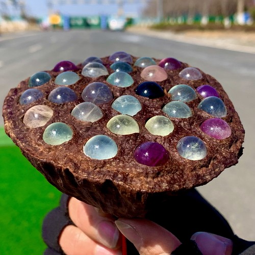 91G Round Multi Color Flourite Stone Lotus canopy ornament Unique showcase - Picture 6 of 24