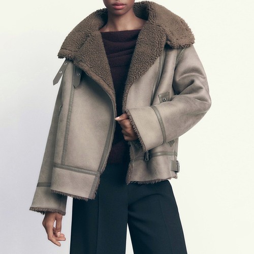 ZARA NEW WOMEN FAUX LEATHER SHEARLING DOUBLE-FACED BIKER JACKET GRAY 3548/243 L - Picture 3 of 16