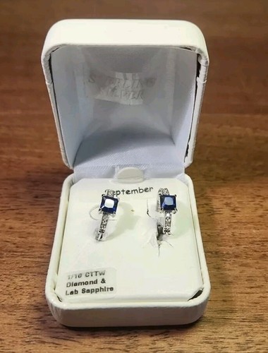 Sterling Silver 1/10 CTTW Lab Sapphire Earrings with Original Box - Picture 2 of 6