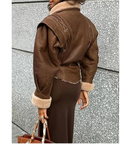 Abrigo chaqueta irregular con cordones de piel de cordero de gamuza sintética de moda para mujer 1168 - Imagen 2 de 5