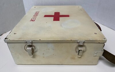 Vtg Military First Aid Kit Metal Box WWII Leather Handle