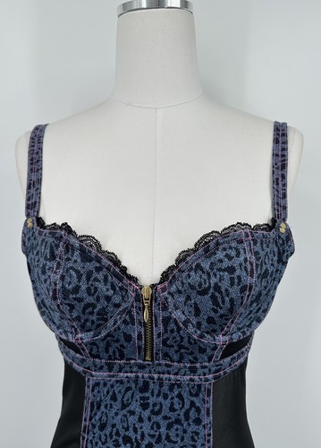 Vestido camisón Victoria's Secret para mujer denim estampado de leopardo liguero 34B *Leer - Imagen 2 de 11