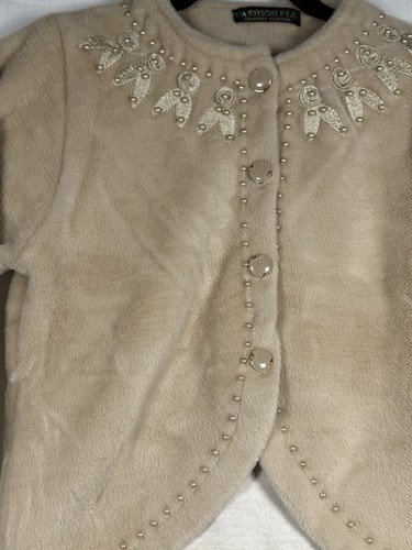 Women's Ivory Woolen Sweater Cardigan Front Button, Embroidered, Long Sleeves - Picture 5 of 9