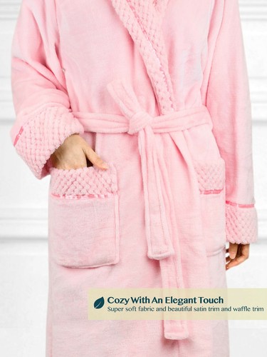 Womens Luxury Microfiber Fleece Satin Trim Spa Robe Satin Bathrobe Plush Pajama - Picture 53 of 84