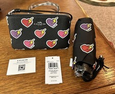 Coach Corner Zip Wristlet  Mini Umbrella With Heart Bolt Print NWT