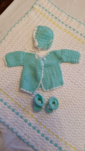 Homemade Vintage CROCHET LACE Newborn Baby Layette Set Sweater Hat Booties teal 
