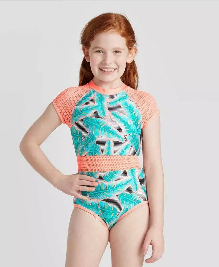 Art Class Girls' Back Zipper Short Sleeve One Piece Swimsuit Orange&Green  M(7/8)