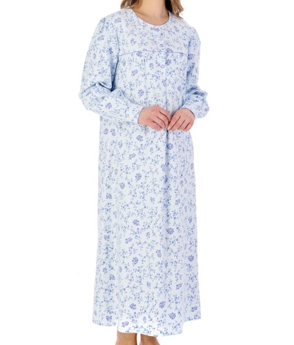 Nightdress Womens Slenderella Floral Brushed Cotton Cuff Sleeve Long Nightie - Picture 2 of 44