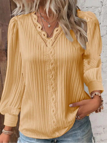 Camisa de Costuras de Encaje Costuras Sueltas Cuello en V Manga Larga Pullover de Gasa Prenda para el torso de Otoño - Imagen 23 de 23