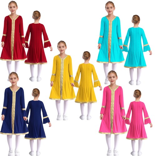 Niñas Bata Étnica Vestido Musulmán Abaya Árabe Vestido Eid Cuello en V Caftán Manga Larga - Imagen 4 de 68