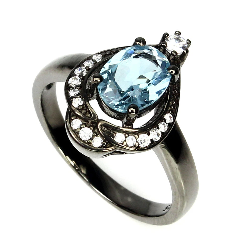 925 Anello Argento Sterling Ovale Topazio Blu Naturale Gemma Gioielli Misura 7 - Immagine 2 di 4