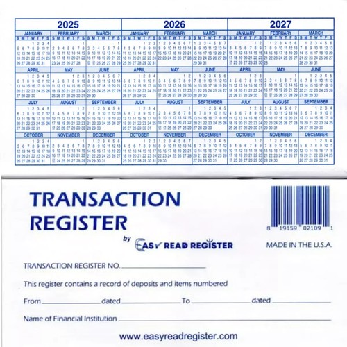 Checkbook Transaction Registers, 2025-2026-2027 Calendars by Easy Read Register