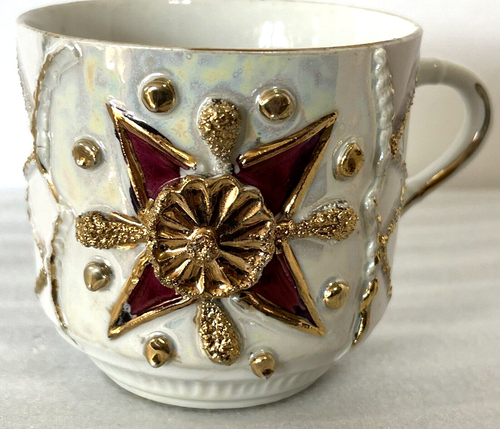 ANTIQUE GERMAN PORCELAIN CUP VICTORIAN LUSTERWARE RAISED DESIGN GOLD TRIM - Picture 14 of 17