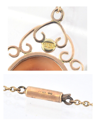 Antique 9ct Rose Gold Carved Shell Cameo & Seed Pearl Pendant Necklace In Box - Bild 3 von 8