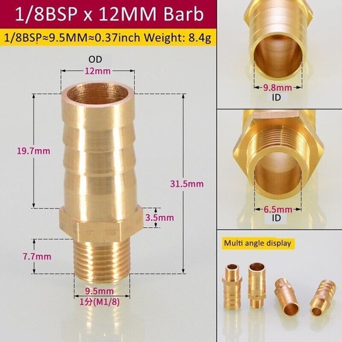 2Pcs Brass Joint 1/8 1/4 1/2 3/8 BSP Male Thread*6mm-16mm OD Barb Tail Kit - Picture 19 of 27