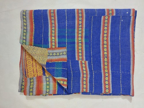 Vintage Handmade Blue Quilt Kantha Bedspread Throw Cotton Blanket Ralli Gudari - Picture 6 of 6