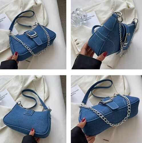 Denim Hobo Bag for Women Canvas Shoulder Crossbody Bags Y2K Small Clutch Totes H - Picture 5 of 6