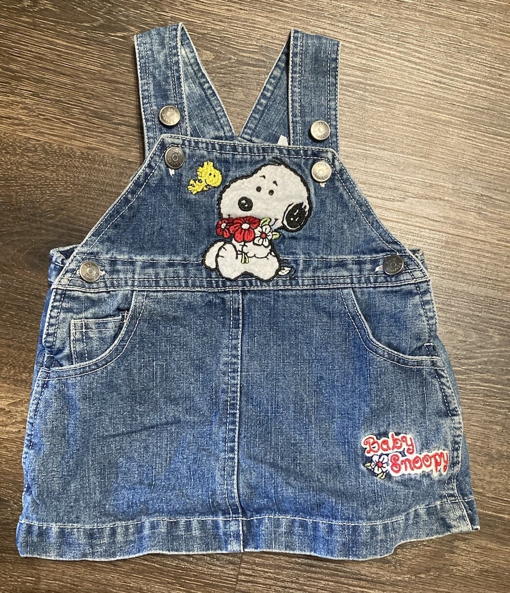 Vintage Snoopy Overall Dress Baby 6-9M Jean Jumper Embroidered READ