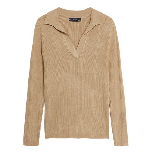 M&S Ribbed Top Jumper Collared V Neck Ladies Knitted Long Sleeve Knit Blouse - Picture 13 of 21